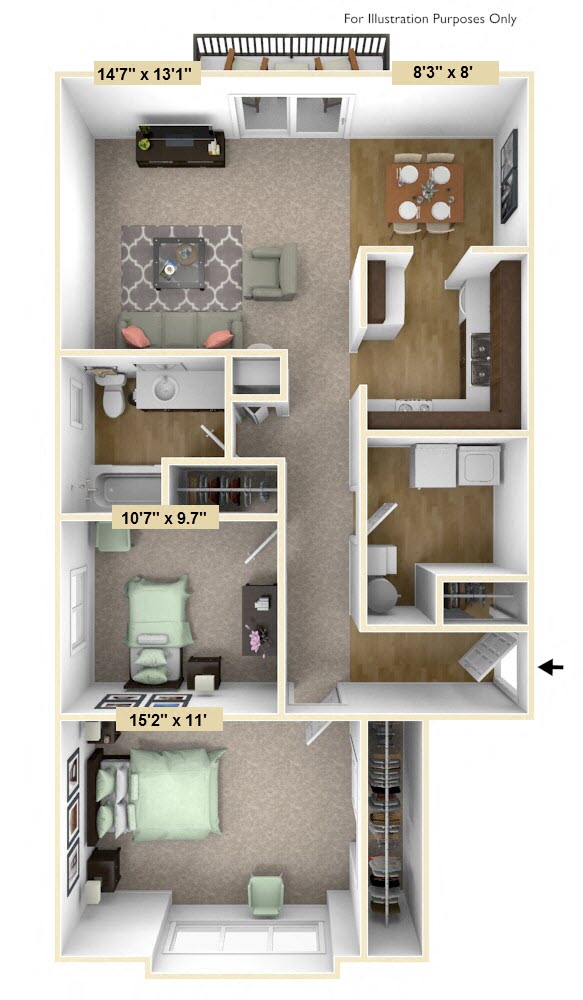 Floor plan for 2 beds, 1 bath, 1007 sqft